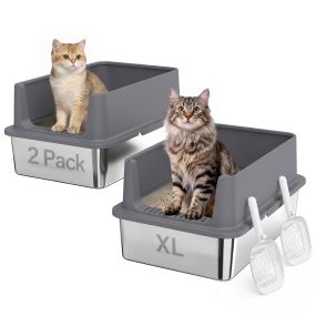 Juego de 2 areneros para gatos de acero inoxidable XL gris oscuro con borde alto y 2 palas