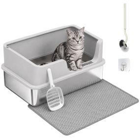 Arenero para gatos de acero inoxidable XL gris claro con borde alto, pala, cepillo y gancho