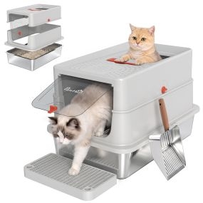 Arenero para Gatos de Acero Inoxidable XL con Tapa, Caja de Arena Cerrada, Borde Alto, 2 Entradas, Escalón, Pala Metálica, Asa, Diseño Desmontable, Fácil Limpiar, Antifugas, Antiolor Gris Claro