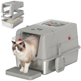 Arenero para Gatos de Acero Inoxidable XL con Tapa Abatible, Caja de Arena Cerrada, Borde Alto, 2 Entradas, Escalón, Pala, Diseño Desmontable, Fácil de Limpiar, Antifugas, Antiolor, Gris Claro