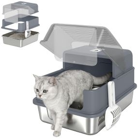Arenero para Gatos de Acero Inoxidable M, Caja de Arena Cerrada 2 en 1, Tapa Extraíble, Borde Alto, Pala, Bolsas Desodorizantes, Fácil de Limpiar, Antifugas, Antiadherente, Gris