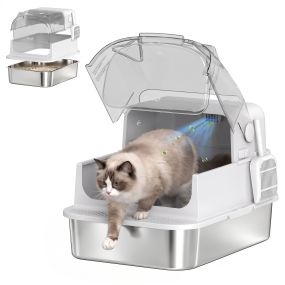 Arenero para Gatos de Acero Inoxidable XXL con Tapa Extraíble, 3 en 1, Caja de Arena Cerrada, Borde Alto, Pedal, Pala, Diseño Desmontable, Fácil de Limpiar, Antifugas, Antiolor, Blanco