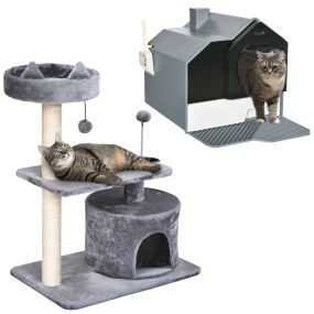Conjunto para mascotas con árbol rascador 81 cm y arenero cubierto gris 47x45x42 cm