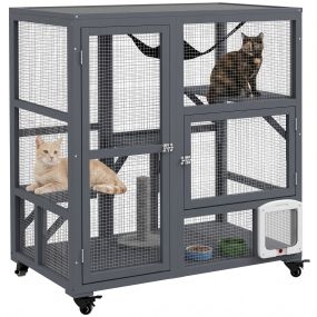 Jaula para Gatos Interior de Madera con Ruedas, Recinto para Gatos, 3 Puertas, 3 Plataformas de Salto, Hamaca, Techo Abatible, Casa para 1-2 Gatos, 110x100x60 cm, Gris Claro