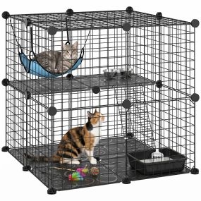 Jaula para Gatos Interior de 2 Niveles, Recinto de Acero para Gatos con 2 Puertas, Escalera, Hamaca, Diseño Modular Personalizable, Parque para Animales Pequeños, 70x70x70 cm, Negro