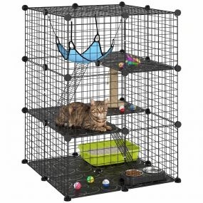 Jaula para Gatos Interior de 3 Niveles, Recinto de Acero para Gatos con 3 Puertas, 2 Escaleras, Hamaca, Diseño Modular Personalizable, Parque para Animales Pequeños, 70x70x105 cm, Negro