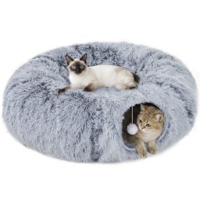 Túnel para Gatos 3 en 1, Cama Túnel para Gatos Plegable con Cojín Extraíble y Lavable, Entradas y Bola Colgante, para Conejos y Hurones, 90x80x27 cm, Gris Claro