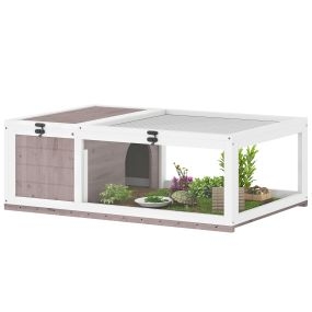Casa para tortugas de madera con techo de malla y paneles transparentes, 91x60,5x32 cm, marrón grisáceo