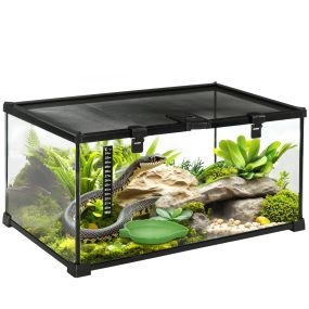 Terrario de vidrio templado para reptiles con termómetro, cuenco de agua y ventilación, 50x30x25 cm, negro