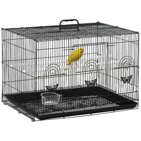 Jaula para pájaros de metal 60x41x41 cm negra con 2 comederos, 2 perchas, 3 puertas y asa de transporte