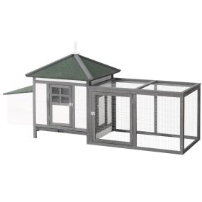 Gallinero de madera exterior con nidos, corral, bandeja extraíble y tapa abatible, 196x76x97 cm, gris