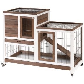 Conejera de madera de 2 niveles con ruedas, puertas, rampa y 2 bandejas extraíbles 110x50x88 cm marrón