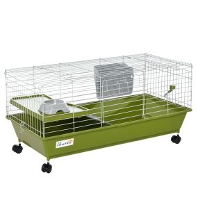 Jaula para Animales Pequeños, Jaula para Roedores con Ruedas, Botella de Agua, Comedero, Dispensador de Heno, Plataforma, Rampa, Bandeja Extraíble, para Conejos y Cobayas, 89x44x43 cm, Verde