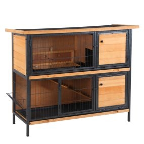 Conejera de Madera de 2 Niveles Jaula para Conejos con Techo Asfáltico Abatible Puertas con Pestillo Bandejas Extraíbles y Rampa Conejera para Exterior 122x50x101 cm Natural y Negro