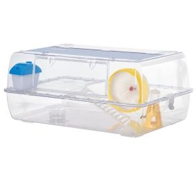 Jaula para Hámster de 2 Niveles, Casa para Hámster con Cuenco, Bebedero, Casita, Rampa, Rueda de Ejercicio, Plataforma, para Ratones y Jerbos, 74x46x32 cm, Transparente
