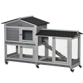 Conejera de madera con ruedas 157,4x53x99,5 cm gris para exterior e interior