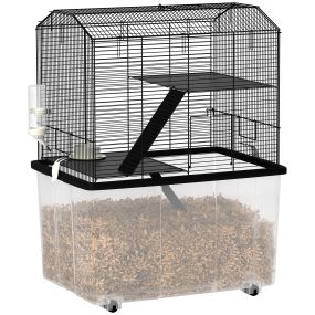 Jaula para Hámster Casa para Animales Pequeños con Fondo Profundo Plataforma Cuenco Bebedero Rampa y Ruedas 57x43x74 cm Negro