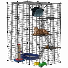 Jaula Grande para Gatos Interior 49 Paneles, Recinto para Gatos de 4 Niveles, 5 Puertas, 3 Plataformas, Rampas, Hamaca, DIY, Parque para 1-3 Gatitos, Conejos o Chinchillas, 105x70x140 cm, Negro