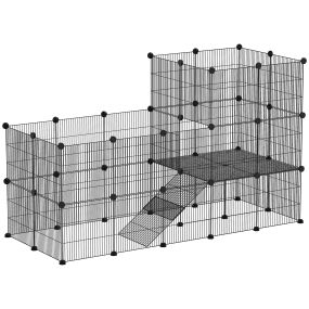 Valla Metálica para Mascotas de 39 Paneles, Jaula para Animales Pequeños, DIY 2 Niveles, Parque para Cobayas, Erizos, 140x70x105 cm, Negro