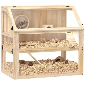 Jaula de madera para hámster 3 niveles con base profunda desmontable, rueda, rampas y casita