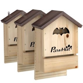 Pack de 3 Casas para Murciélagos de Madera Maciza, Cajas para Murciélagos, Resistente a la Intemperie, para Exterior, Jardín, Granja, con Plataforma de Aterrizaje, Fácil de Montaje, Natural
