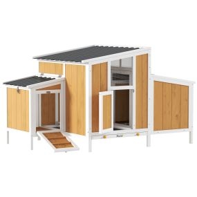 Gallinero para Exterior de Madera, 145x90x92 cm, para 2-4 Gallinas, Gallinero con Nido, Casa Lateral, Bandeja Extraíble, Techo Impermeable, Puertas con Cerradura, Perchas, Conejera, Amarillo
