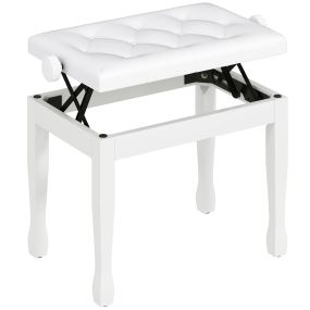 Banco de Piano, Altura Ajustable, Banqueta de Piano con Asiento de Cuero Sintético, Patas de Madera, Carga Máxima 200 kg, 64x35x55 cm, Blanco