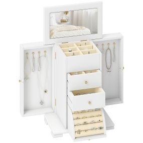 Caja Joyero de 4 Niveles, Joyero Mujer Organizador Grande con 2 Cajones, Espejo, Puertas Laterales Giratorias con Ganchos, para Pendientes, Anillos, Collares, Blanco