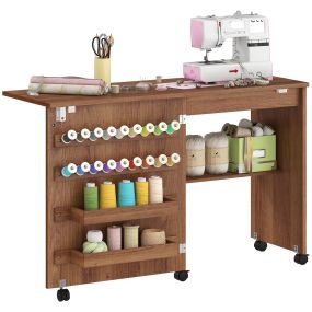Mesa de costura plegable con puerta magnética, 2 compartimentos, estante y 18 soportes para hilos, marrón