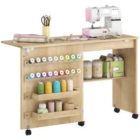 Mesa de costura plegable natural con puerta magnética, 2 compartimentos, estante y 18 soportes para hilos