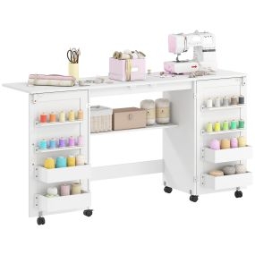 Mesa de costura plegable con 6 ruedas, 20 clavijas, 4 compartimentos y armario, blanco