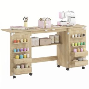 Mesa de Costura Plegable con 6 Ruedas, Mueble para Máquina de Coser con 20 Clavijas para Hilos, 4 Compartimentos, Estante, Armario de Costura para Estudio, Salón, Dormitorio, Roble