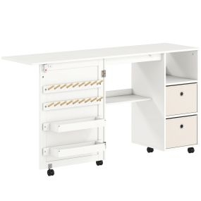 Mesa de costura plegable con 6 ruedas, 18 clavijas, 2 cajones, 3 compartimentos y tomas de corriente blanca