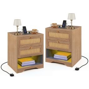 Mesita de noche de roble juego de 2 unidades con 7 espacios, luz LED y tomas USB-C 50 x 40 x 60 cm