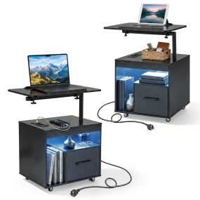 Set de 2 mesitas de noche ajustables con luz LED, enchufe USB, ruedas bloqueables y cajón 60 x 40 x 74 cm negro