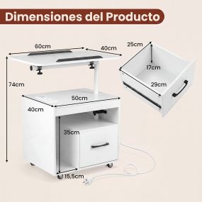 Mesita de noche ajustable 2 unidades con luz LED, enchufe USB, ruedas y cajón blanca 60 x 40 x 74 cm