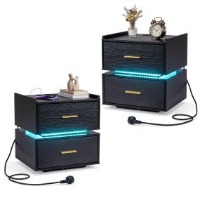 Juego de 2 Mesitas de Noche con Estación de Carga LED 2 Cajones Almacenamiento Semi-flotante Base Metal para Salón Dormitorio Negro