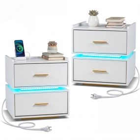 Juego de 2 Mesitas de Noche con Estación de Carga LED 2 Cajones Almacenamiento Semi-flotante Base Metal para Salón Dormitorio Blanco