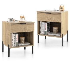 Juego de 2 Mesitas de Noche Inteligentes con Cargador Cajón y Estante Mesa Auxiliar Salon Dormitorio 45 x 40 x 58cm Natural
