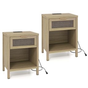 Juego de 2 mesitas de noche roble con puertos USB y tipo C, cajón de ratán y estante 50 x 38 x 64,5 cm