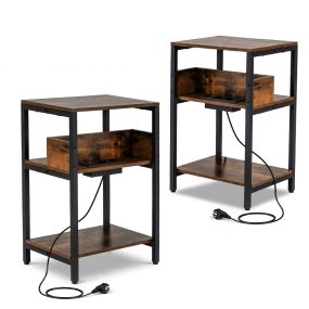 Juego de 2 Mesa Lateral de 3 Niveles con Estación de Carga USB y Enchufes Estantes Abiertos Estilo Industrial para Sala y Dormitorio 40 x 30 x 61cm Café