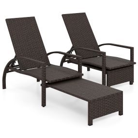 Juego de 2 tumbonas de ratán PE con respaldo ajustable 6 niveles y otomana retráctil para patio terraza piscina