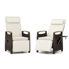Juego de 2 sillones de ratán con respaldo y reposapiés ajustables, mesa abatible y reposacabezas extraíble para terraza y patio blanco
