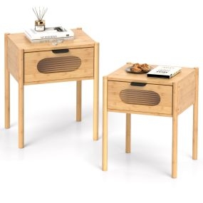 Juego de 2 Mesitas de Noche de Bambú Estilo Rústico con Cajón y Vidrio Templado Mesa Auxiliar para Dormitorio Natural