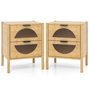 Juego de 2 Mesitas de Noche Modernas con 2 Cajones y Frentes de Vidrio Templado Estriado para Dormitorio Sala de Estar Natural