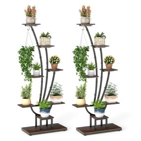 Juego de 2 soportes para plantas de interior con luces, estante de metal, 8 niveles, 67x30x156 cm, marrón y negro