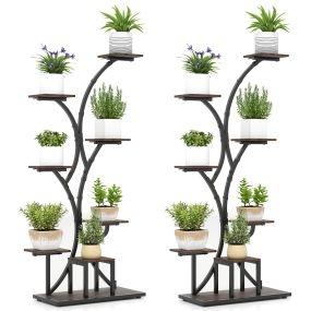 Juego de 2 soportes para plantas de 8 niveles con luces ajustables y temporizador 67x30x146 cm marrón y negro