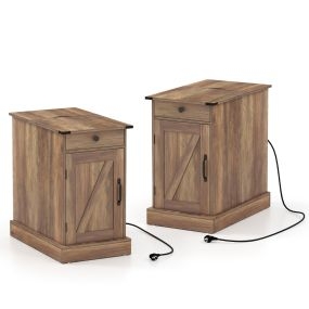 Juego de 2 Mesa Auxiliar con Estación de Carga y Almacenamiento Cajón Estante Ajustable y Bandeja Extraíble Marrón Rústico