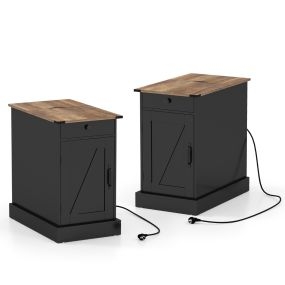Juego de 2 Mesa Auxiliar con Estación de Carga y Almacenamiento Cajón Estante Ajustable y Bandeja Extraíble Negro y Marrón