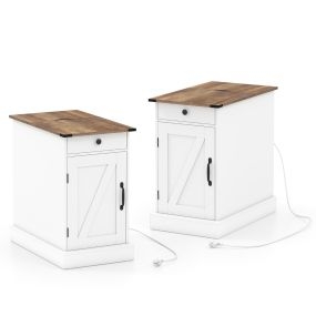 Juego de 2 Mesa Auxiliar con Estación de Carga y Almacenamiento Cajón Estante Ajustable y Bandeja Extraíble Blanco y Marrón